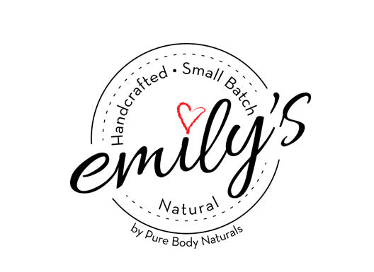 A circular logo for 'emily's Natural' by Pure Body Naturals, featuring black cursive text and a small red heart on a white background.